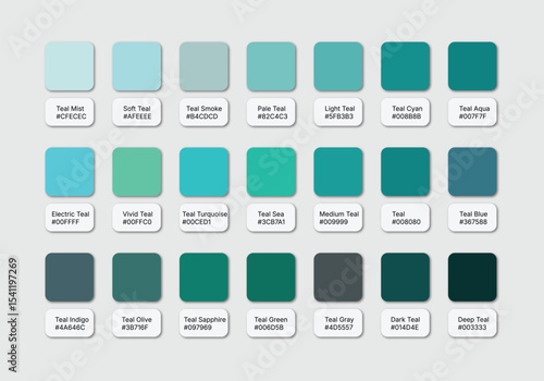 Teal Color Swatches Collection. 21 Trendy Shades for Graphic and Web Design. Set of Teal Color Variations with Names and Hex Codes. Minimal Teal Gradient Palette. Cool Tones for Branding and Art Proje