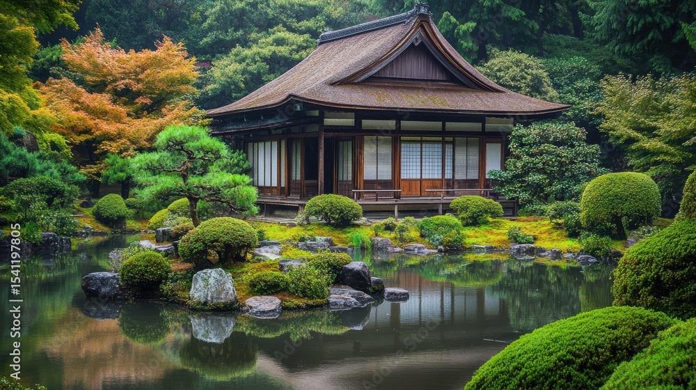 Tranquil Japanese Garden with Traditional Tea House Surrounded by Lush Greenery and Still Water Reflection Tranquil Japanese Garden with Traditional Tea House Surrounded by Lush Greenery and Still Water Reflection