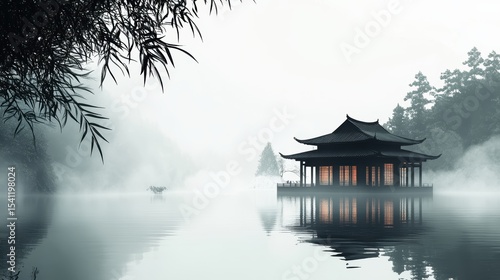 Wallpaper Mural Serene Misty Landscape with Tranquil Pavilion Surrounded by Water and Lush Trees Reflecting Soft Light in a Peaceful Atmosphere Torontodigital.ca