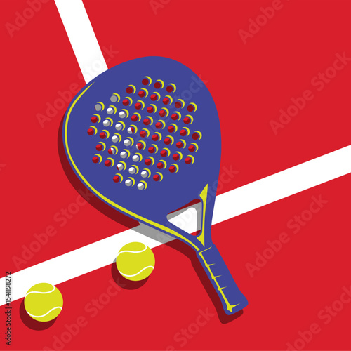 Padel Racket and Tennis ball close up on the court pop art vector illustration. Padel ball.