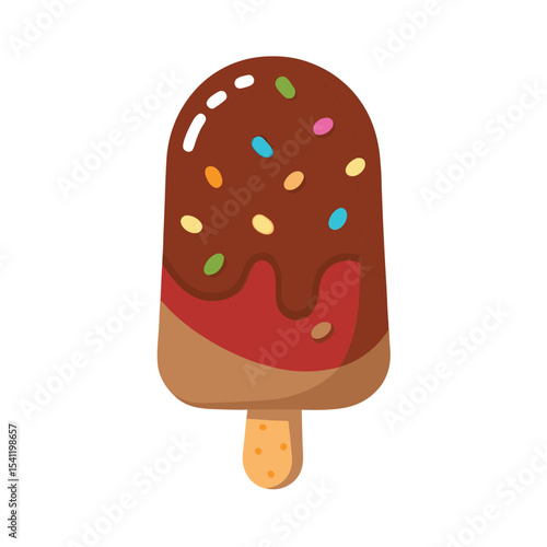 Delicious chocolate dipped popsicle with colorful sprinkles in a flat vector illustration