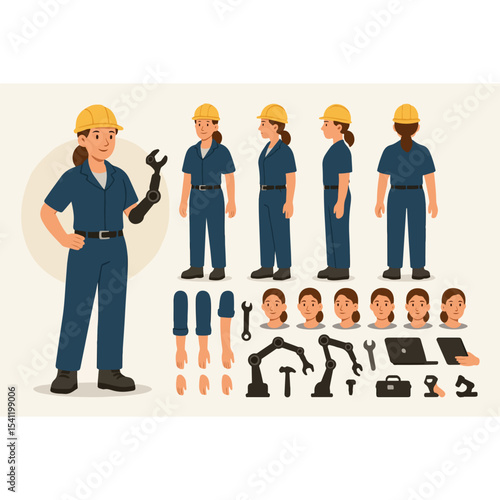 Cartoon Character Sheet of a Female Mechanic with Robotic Arm Featuring Different Poses Heads Arms and Tools for Animation and Design Purposes on a Cream