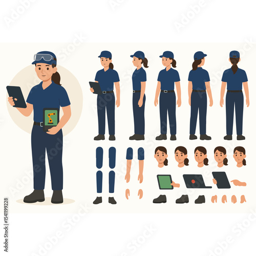 Cartoon Character Design Female Technician in Uniform with Tablet Featuring Multiple Views and Customizable Parts for Animation and Illustration Projects Including Head and Limb Variations