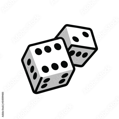 Two white dice with black dots and outlined borders isolated on a white background