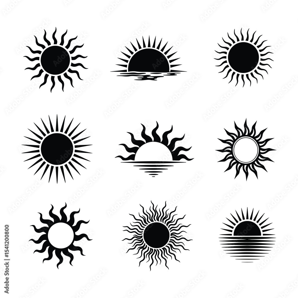 Fototapeta premium Sun Icon Set – 9 Sunrise Silhouette Solar Symbols Clipart Collection .