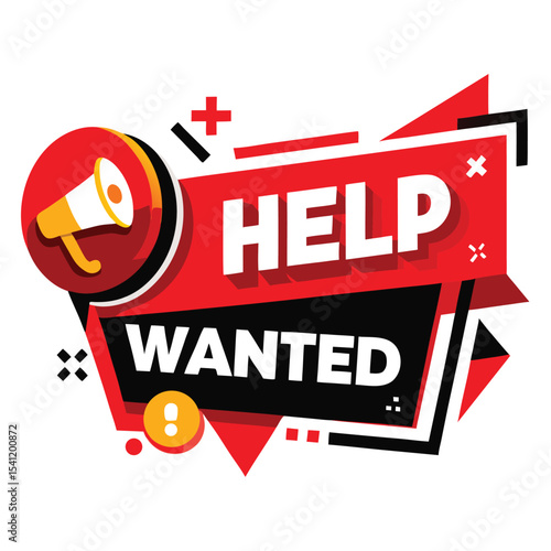 Bold graphic with help wanted text and megaphone for recruitment announcement