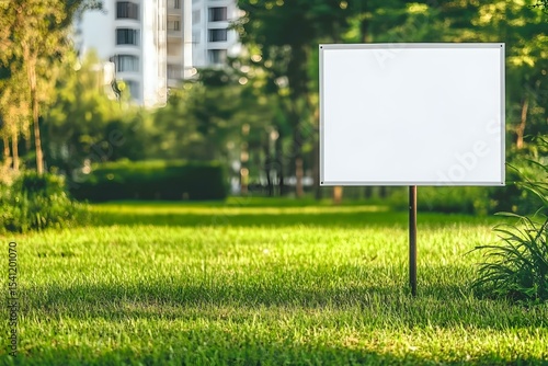 High-Resolution Blank White Yard Sign Placed Upright on Green Grass Lawn