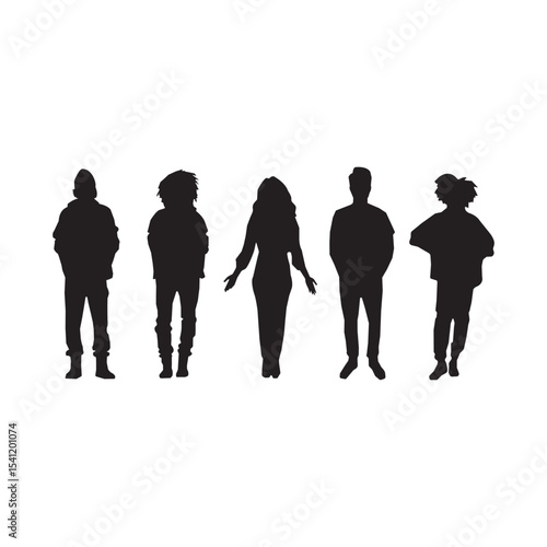 Silhouettes of Diverse People Standing in a Row.A clean, minimalist image showcasing five diverse figures in silhouette.