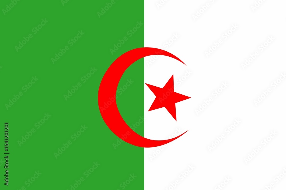 Naklejka premium Algeria flag is showing green and white halves, featuring red crescent and star in flat design