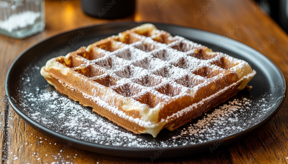 Brussels waffle with icing sugar on a black pla Brussels waffle with icing sugar on a black pla