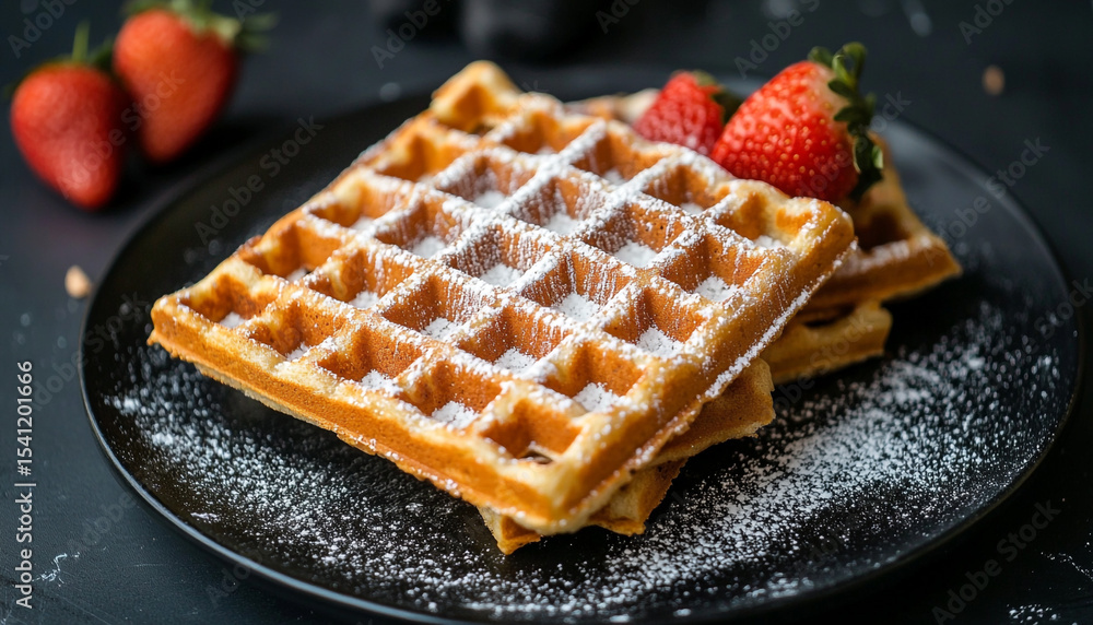 Brussels waffle with icing sugar on a black pla Brussels waffle with icing sugar on a black pla