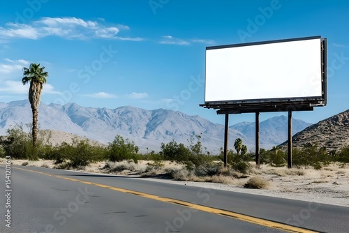 Blank Billboard Standing Along Desert Highway Framed by Majestic Mountain Backdrop