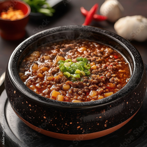 Hearty bowls of chili con carne and lentil vegetable stew served as a colorful and healthy meal © อัสนัย แก้วบุญเรือง
