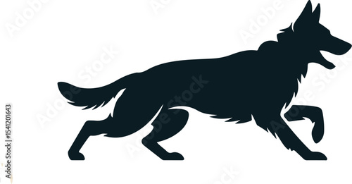 A silhouette of a running german shepherd dog with its mouth open on a white background image view
