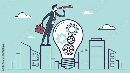 Business man riding bicycle on the street with lightbulb idea and innovation icons around him