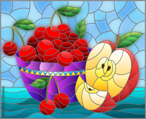 Illustration in stained glass style with still life , apple and a cherry berryes  in a bowl on a table on a blue background