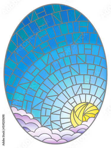 An illustration in the style of a stained glass window with an abstract sky, sun and clouds on a blue background, an oval image