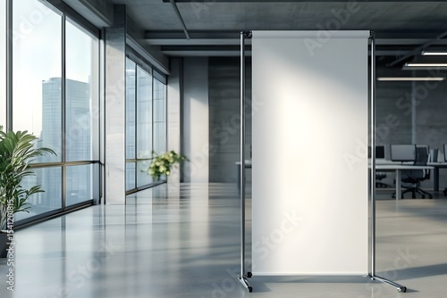 Blank Roll-Up Banner Placed Strategically Inside Contemporary Office Interior