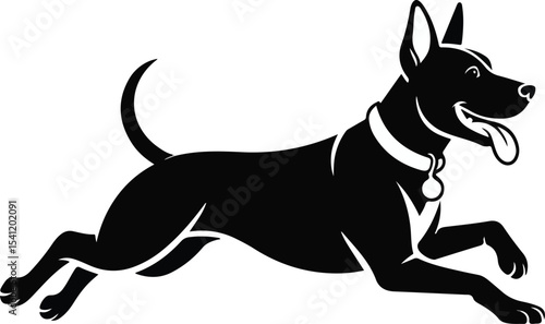 Black and white vector image of a dog jumping with a collar and tongue sticking out happily outdoors