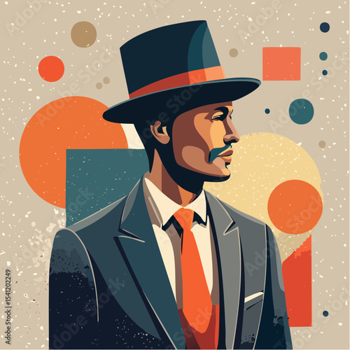 A bold vector poster of a classic man in a bowler hat, with retro graphics and three-tone block styling.