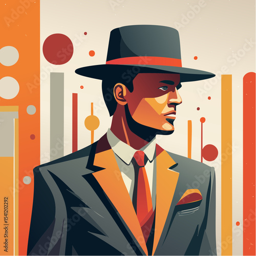 A bold vector poster of a classic man in a bowler hat, with retro graphics and three-tone block styling.
