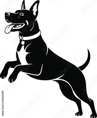 Black and white vector image of a dog jumping with a collar and tongue sticking out happily outdoors