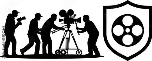 Film production crew silhouette with camera and shield logo for movie industry and filmmaking editable stock vector illustration