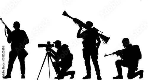 Silhouette of soldiers with rifles and rocket launcher military troops armed forces army combat black and white editable stock vector illustration