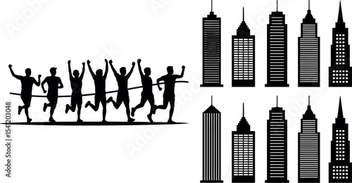 Runners silhouette winning race with city buildings vector illustration graphic design art 100char editable stock vector illustration