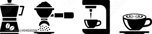 Coffee making methods illustration vector icons for espresso moka pot machine and cup of latte art editable stock vector illustration