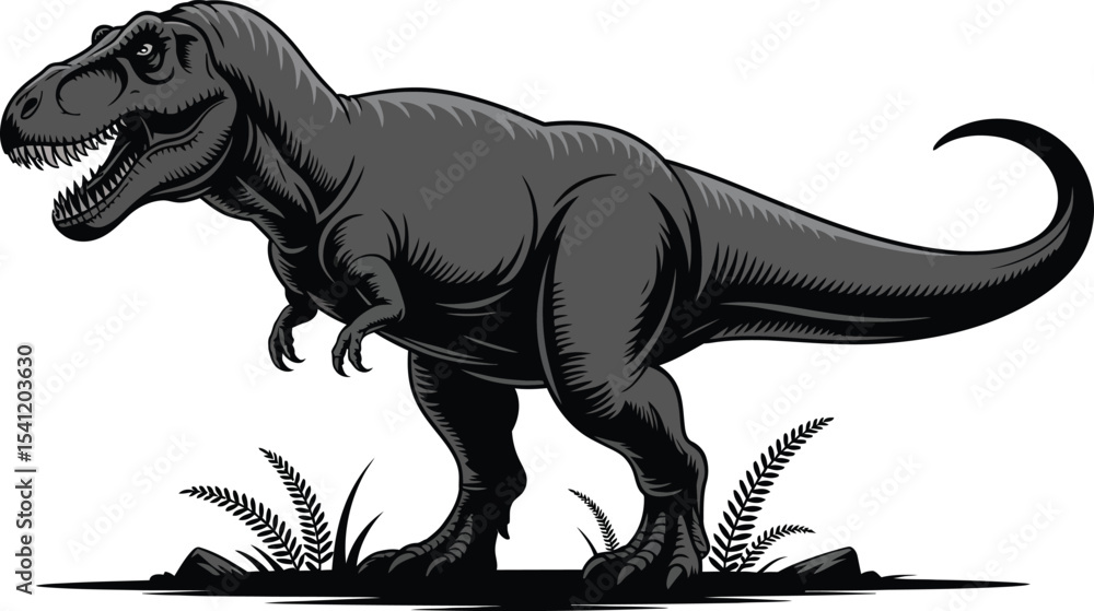 Fototapeta premium T-Rex Dinosaur Vector Illustration with Aggressive Pose and Natural Ground Elements on White Background .