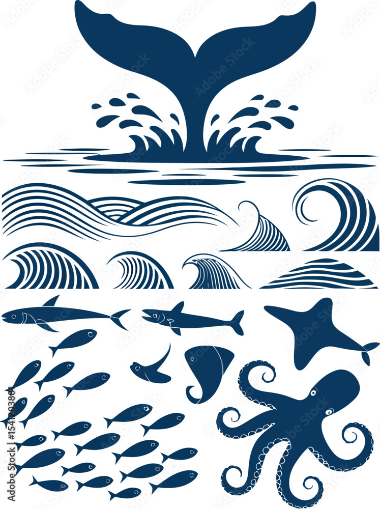 Fototapeta premium Ocean life vector illustration whale tail waves fish shark octopus starfish sea marine animal graphic design editable stock vector illustration