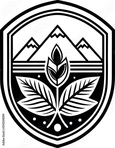 Retro badge coffee bean and leaf branch with mountain natural icon