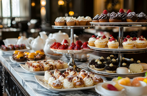 Delicious pastries and cupcakes on tiered stands