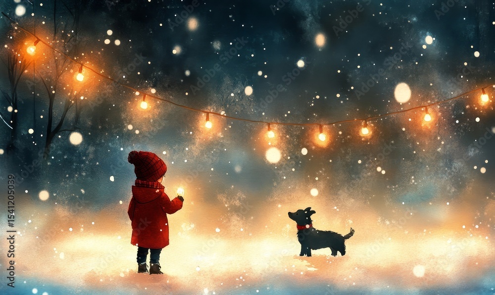Naklejka premium whimsical watercolor painting of a child catching snowflakes on their tongue in a frosted park, Generative AI