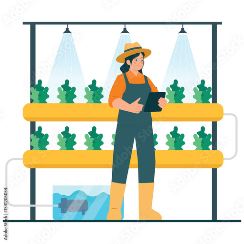 Agrotechnology Illustration. Vector illustration of A farmer monitors plant growth in a hydroponic system using tablet-based controls for water and lighting. Isolated on background