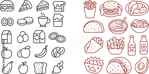 Vector food icons set healthy and unhealthy foods line art illustration for menu or logo design element editable stock vector illustration