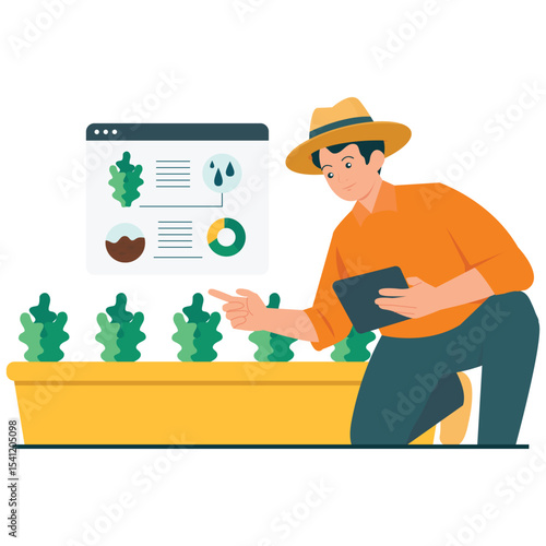 Agrotechnology Illustration. Vector illustration of A farmer analyzes plant health and soil data through a digital dashboard to ensure optimal growth and irrigation. Isolated on background