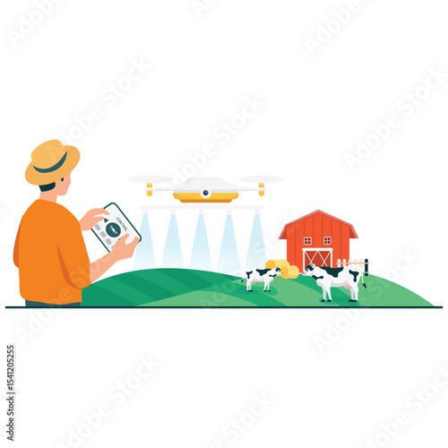 Agrotechnology Illustration. Vector illustration of Drones are used by farmers to monitor cattle and land conditions from the sky using tablet-based systems. Isolated on background