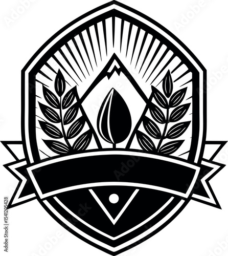 Retro badge coffee bean and leaf branch with mountain natural icon