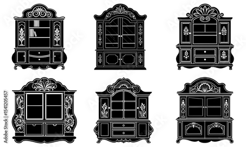 Collection of six ornate black and white antique cabinets with decorative details and storage shelves