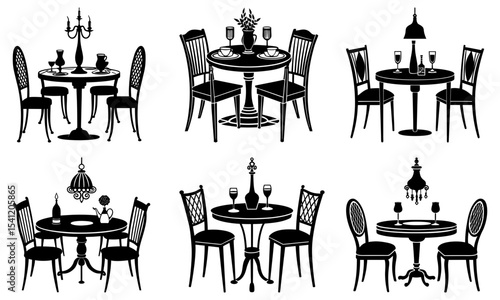 Illustration showcasing six distinct dining table arrangements with chairs and decor elements