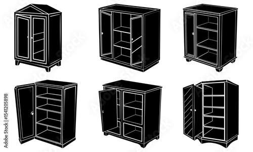 Six black and white illustrations of cabinets with shelves and doors in various open and closed positions