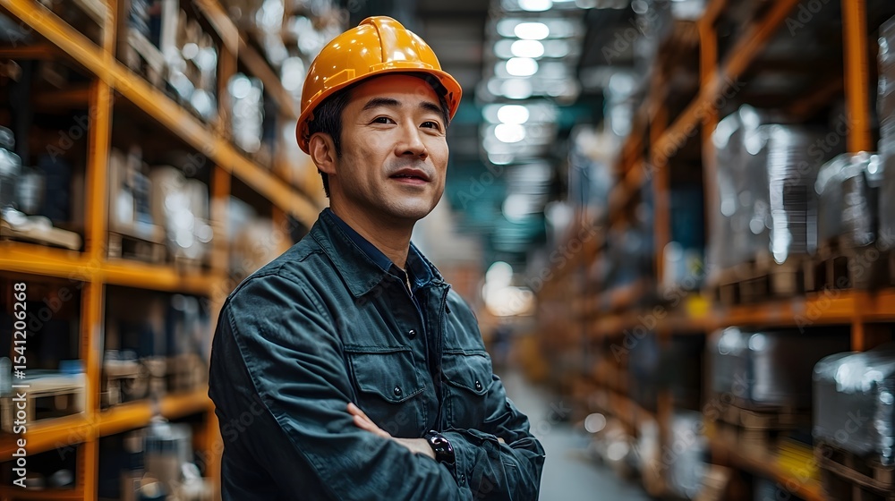 Asian worker standing in a warehouse discussing business strategies Asian worker standing in a warehouse discussing business strategies
