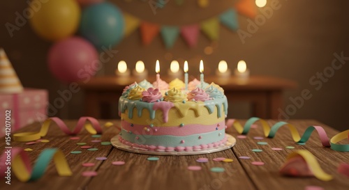 Celebration Cake with Candles Confetti and Balloons