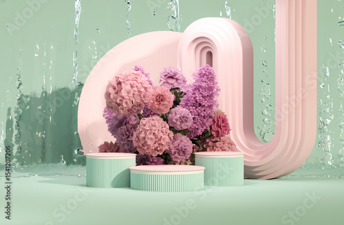 3D podium display, blue pink background with hydrangeas flower and vintage frame. Peonies flower, rose, tulip leaf. Minimal pedestal for beauty, product. Feminine copy space template 3d render