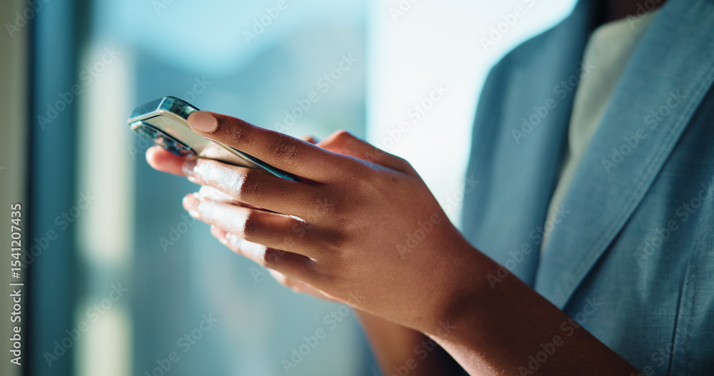 Phone, hands and businesswoman in office with networking, communication or contact on mobile app. Technology, online and female lawyer with cellphone for connectivity, research or email with client. Phone, hands and businesswoman in office with networking, communication or contact on mobile app. Technology, online and female lawyer with cellphone for connectivity, research or email with client.