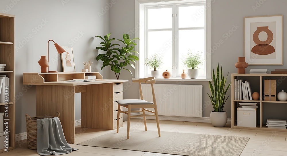 Fototapeta premium Stylish Home Office Workspace Design featuring a Light Wood Desk Plants and Neutral Decor