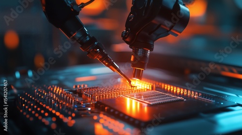 Automated Manufacturing: Robotic arms precisely assemble a circuit board with intense focus, highlighting innovation and precision in tech.