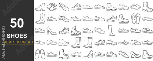 50 Line Art Vector Icons of Shoes and Footwear Styles Including Sneakers, Heels, Boots, Sandals, Athletic, Formal, and Seasonal Designs for Fashion, E-Commerce, and UI Projects